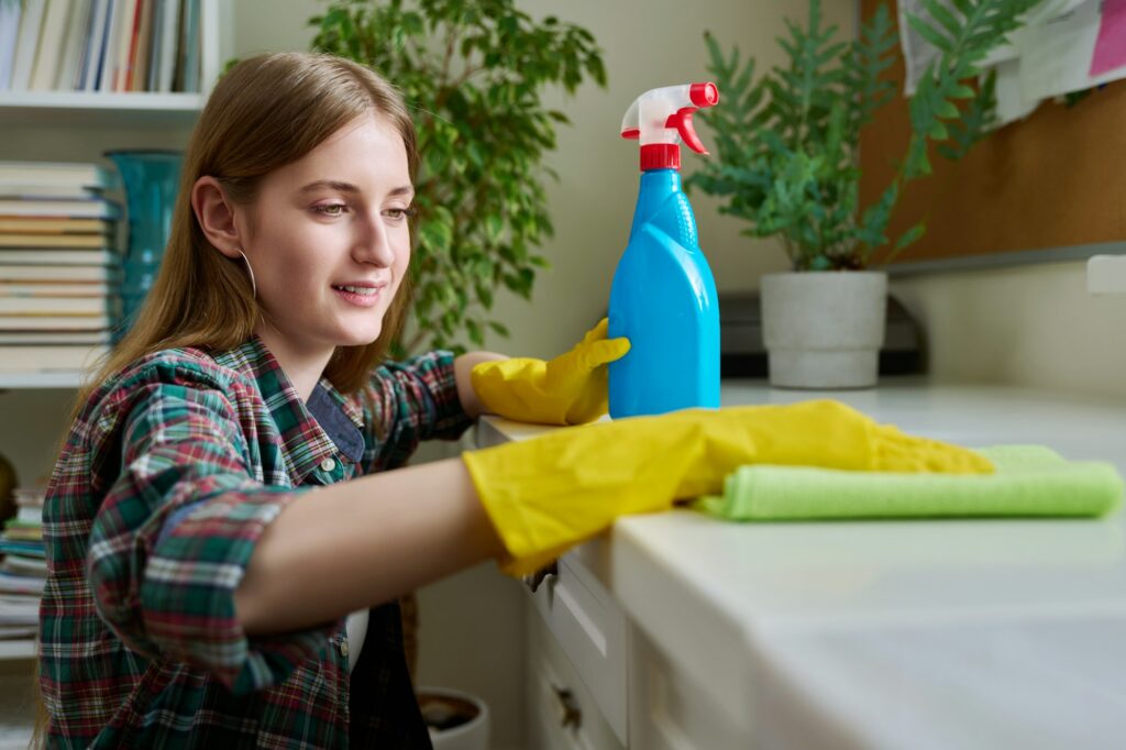 Young woman cleaning room, dusting, cleaning with spray and cloth